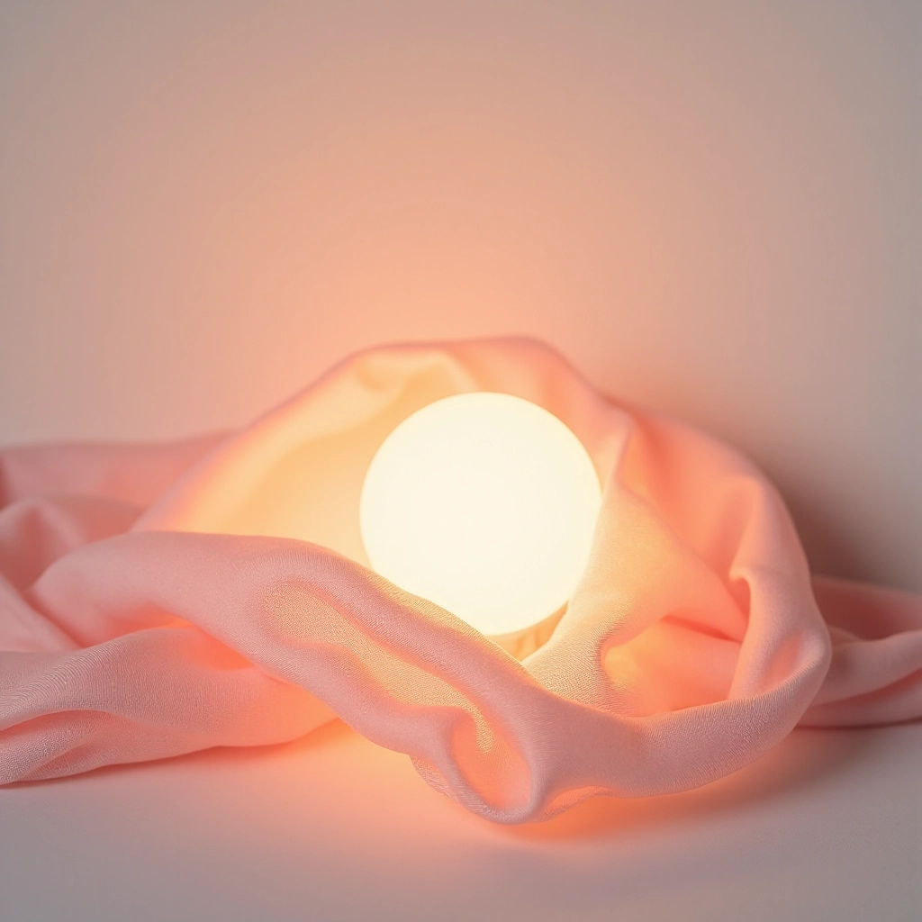 Close-up detail of blush pink cotton fabric wrapped around warm white LED bulb, showing texture and warm glow diffused through material, soft focused background