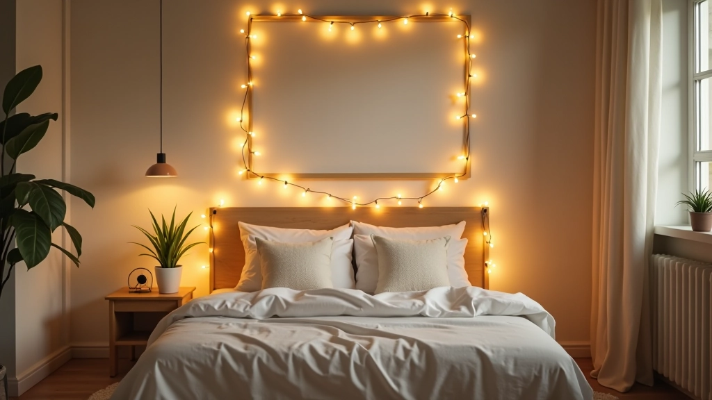 Cozy rental bedroom decorated with warm white fairy lights around wooden frame above bed, potted monstera plant on nightstand, natural morning light through window