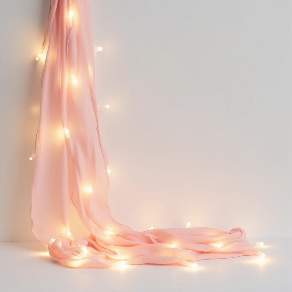 Fabric-wrapped string lights garland in blush pink, draped gently in curve against white background, warm white LED glow visible through fabric