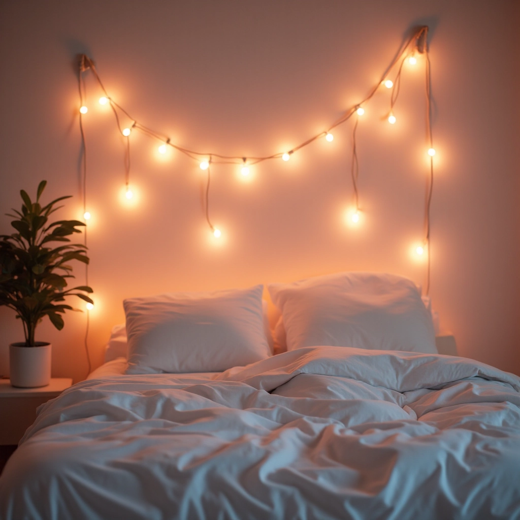 Blush pink fabric lights garland draped elegantly above bed headboard, creating soft ambient bedroom lighting at evening, cozy bedroom interior with white bedding