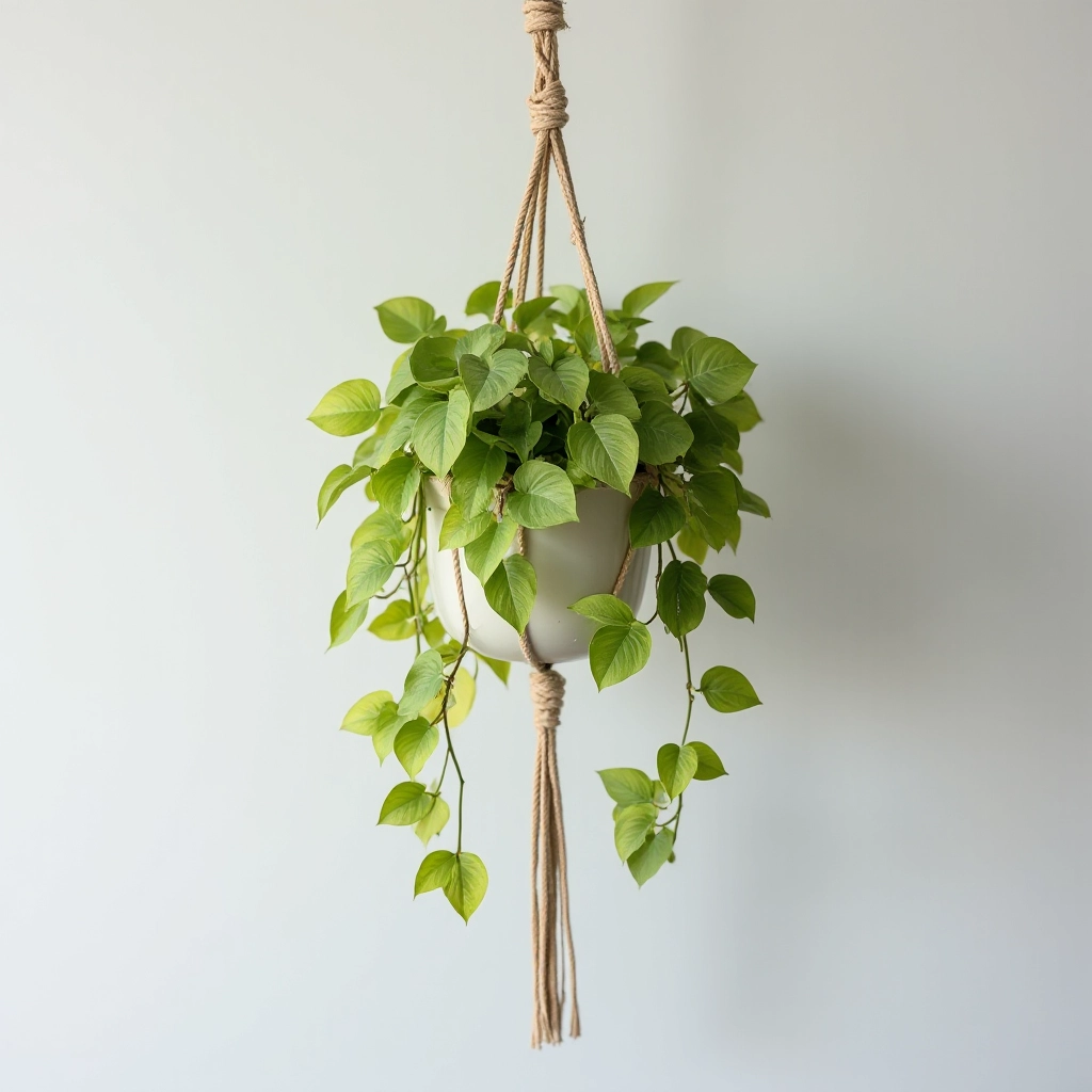 Cascading golden and green Pothos vine plant in hanging ceramic pot