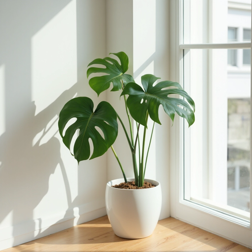 Monstera plant displayed in modern rental apartment living room next to window with natural light streaming in, creating warm shadows on white walls