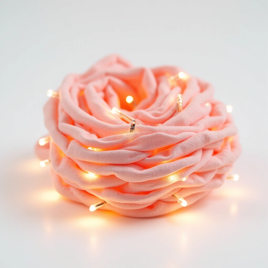 Blush pink fabric garland coiled neatly for storage in soft lighting, showing the copper wire and fabric texture clearly, organized storage setup