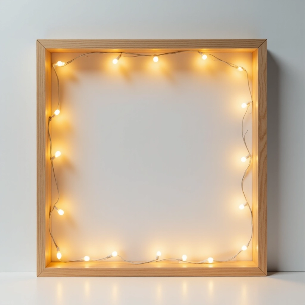 Wooden square frame with warm white fairy lights arranged around perimeter, studio lighting showing LED glow and wood texture